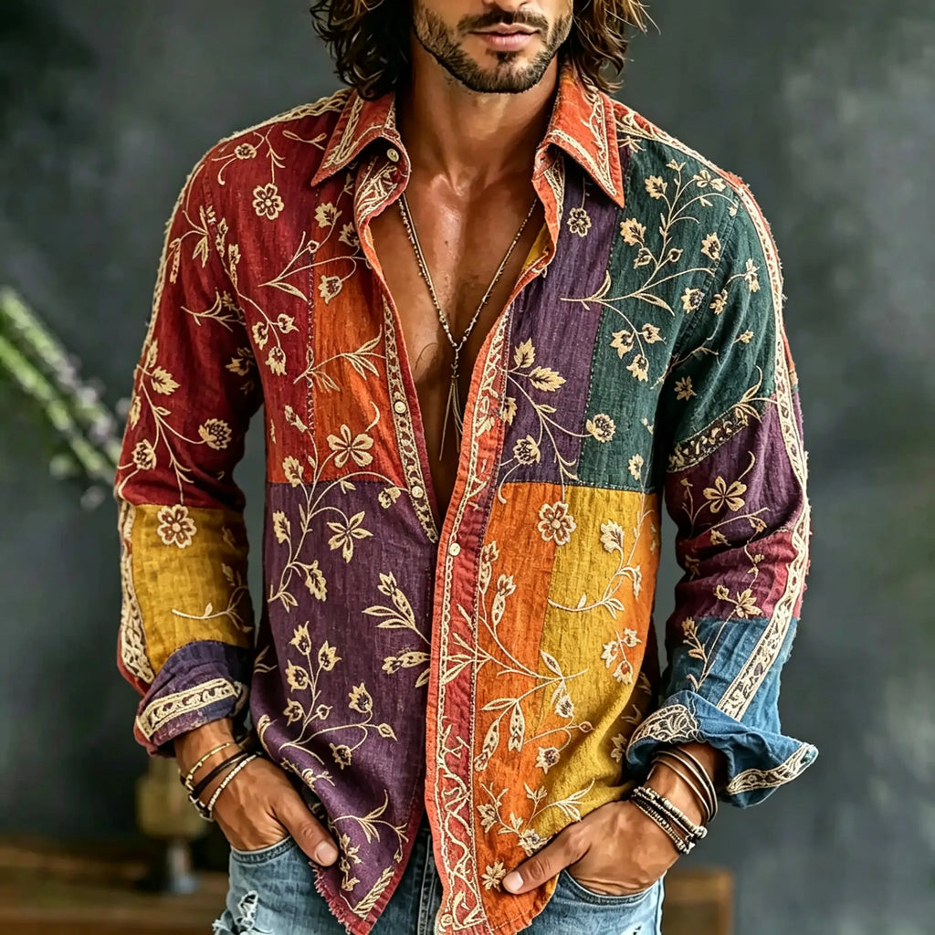 Men's Vintage Spring Floral In Hippie Vibe Embroidered Art Print Flowy Linen Blend Casual Shirt
