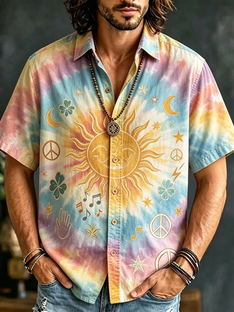 Men's Tie-dye Short-sleeve Button-down Shirt With Smiling Sun, Peace Signs, And Music Notes Print