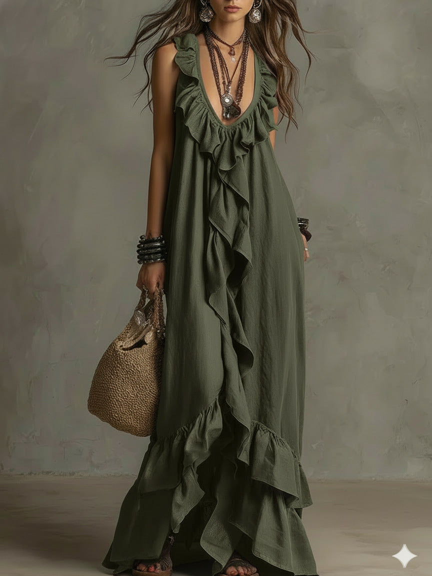 Elegant Bohemian V Neck Ruffle Maxi Dress