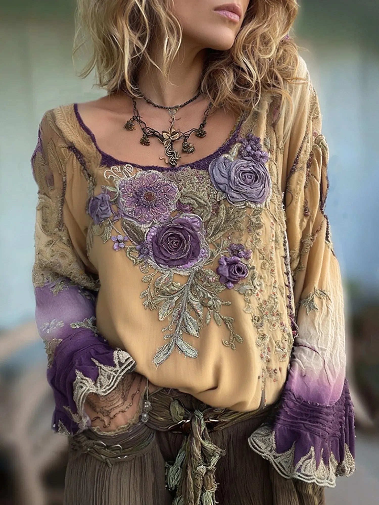 Vintage Purple Lavender And Floral Embroidered Linen Long Sleeve Shirt
