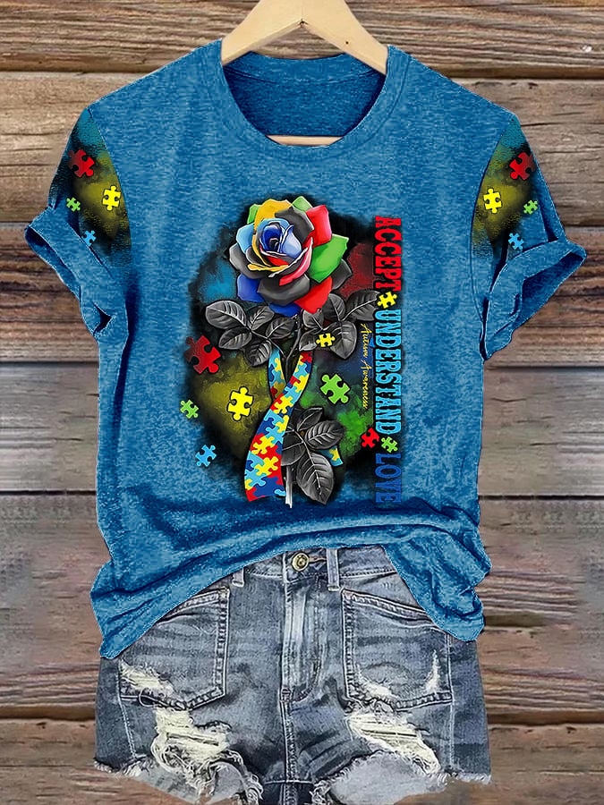 Retro Autism Awareness Accept, Understand, Love Rose Ribbon Print T-Shirt