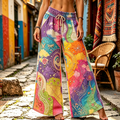Women's Bohemian-style Patchwork Drawstring Wide-leg Pants, Adorned With Starry Sky, Sun, Moon, And Butterfly Prints.