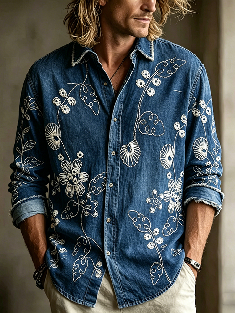 Men's Retro Plant Flower Embroidery Pattern Design Casual Linen Shirt