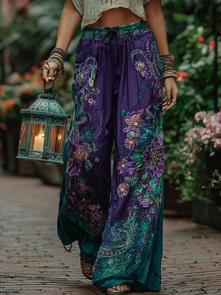 Women's Spring Floral Embroidered Art Print Casual Pants