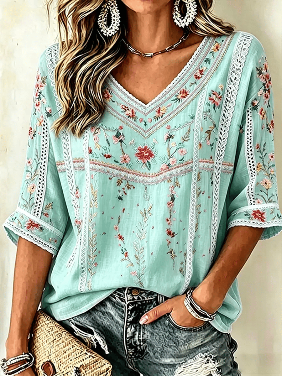 Women's Retro Breast Cancer Floral Print Long-Sleeved Top