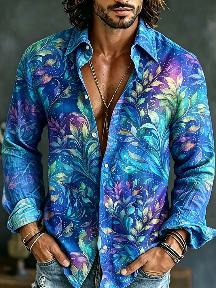 Men's Hippie Floral Art Print Long Sleeves Linen Shirt