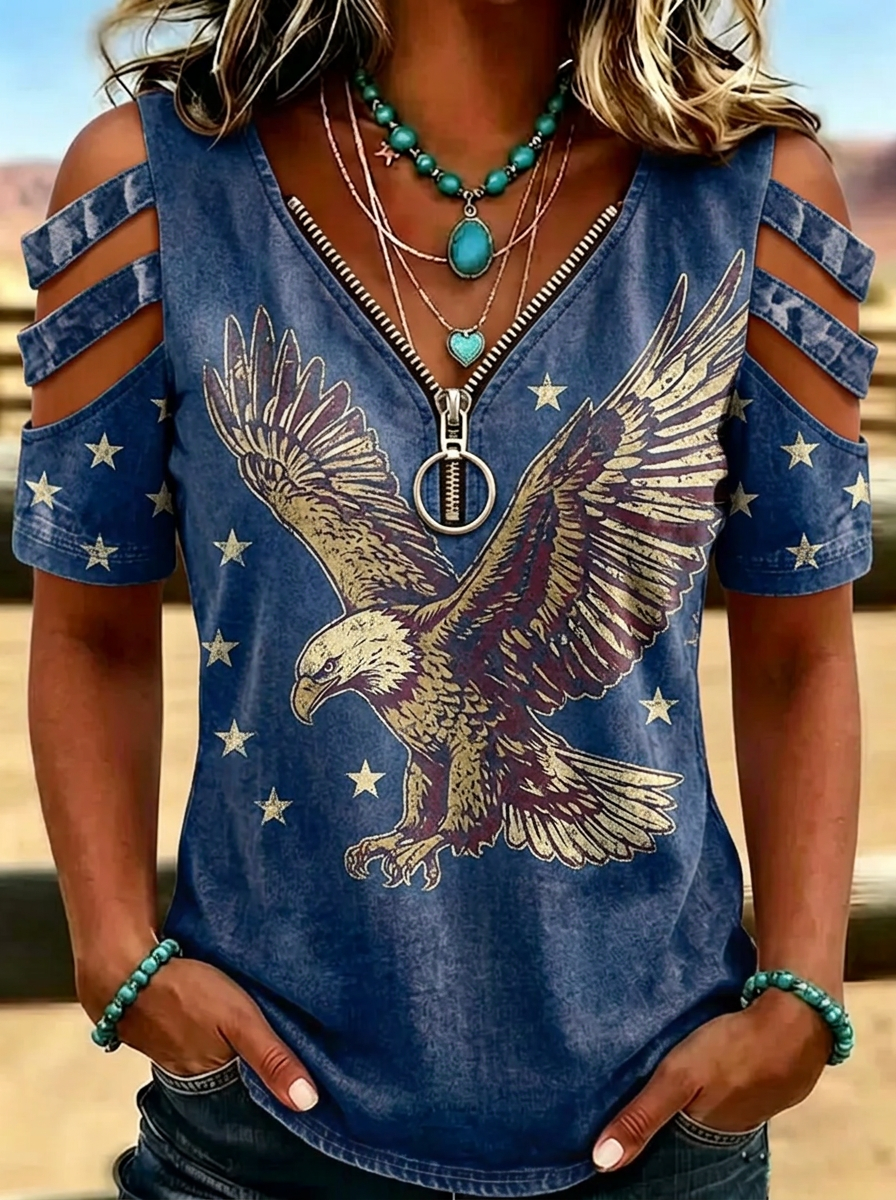 Women's Western Independence Day Eagle Stars Printed Cold Shoulder T-shirt-6