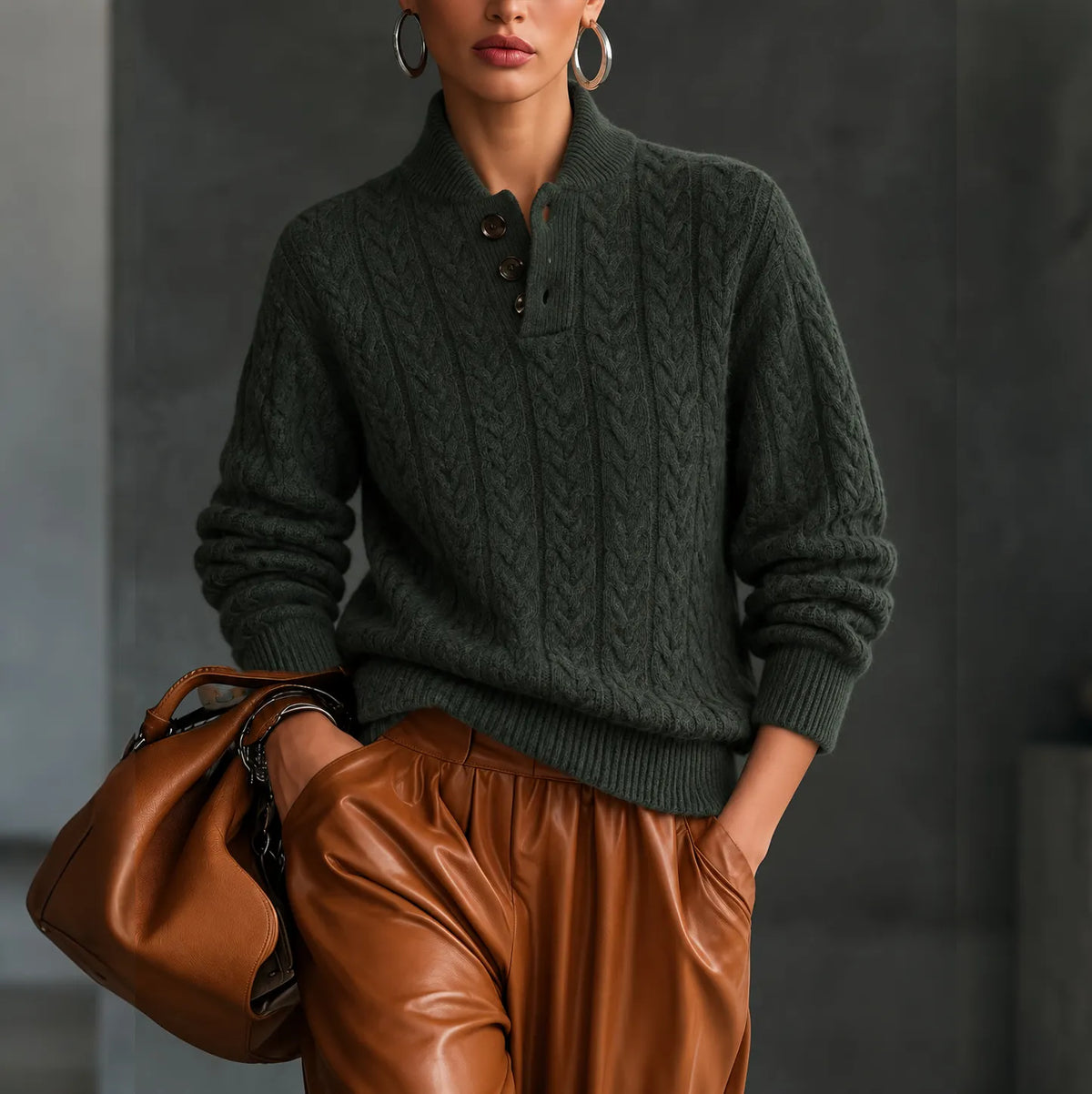 Women's Retro Simple Solid Color Cable Knit Blend Sweater