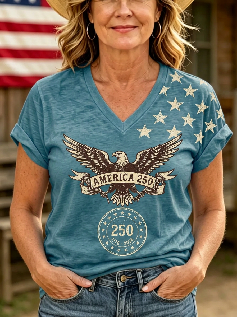 Women's Western Independence Day Eagle America 250 Printed T-shirt-2