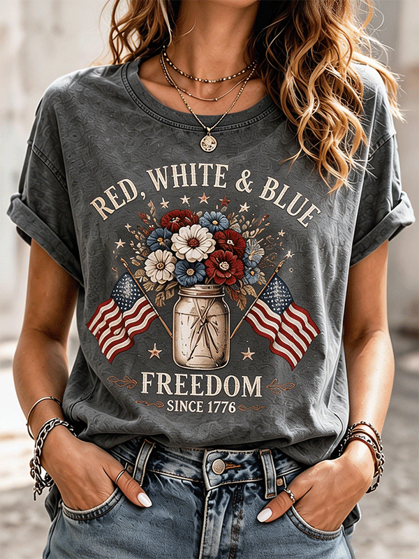 Women's Red White & Blue Freedom Floral Mason Jar Vintage T-Shirt