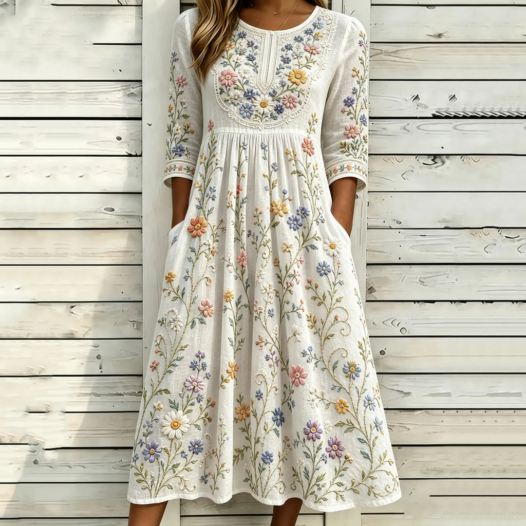 Women's Vintage Floral Pattern Art Embroidered Linen Blend Dress