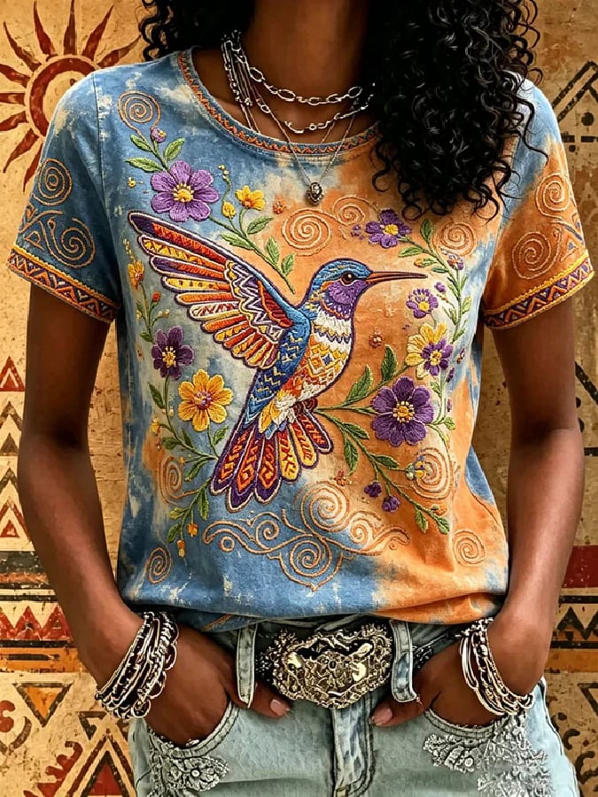 Women's Breast Cancer Awareness Short-Sleeve T-Shirt with Hummingbird Print