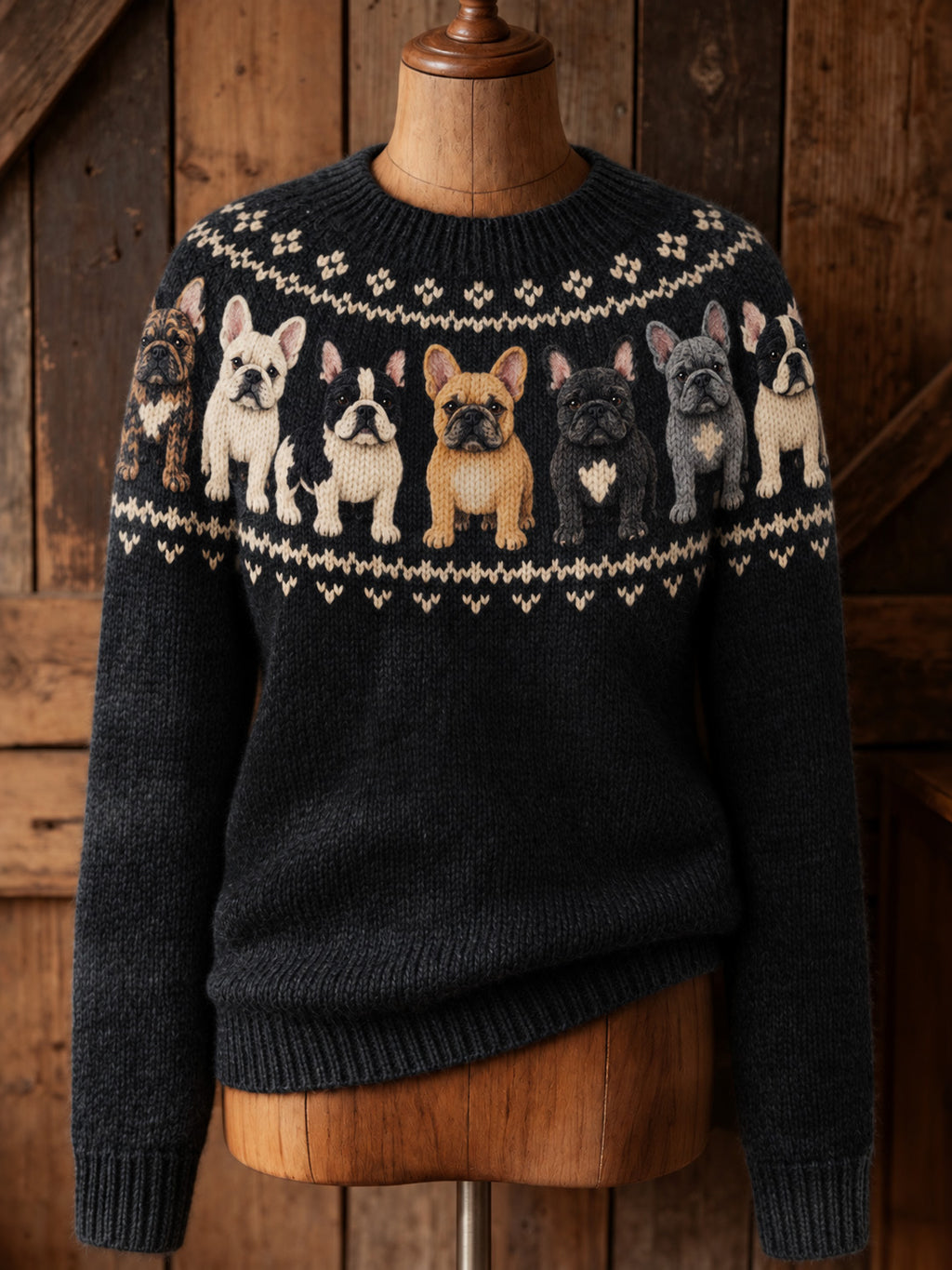 Women's Retro French Bulldogs Pattern Cozy Fair Isle Style Knit Sweater