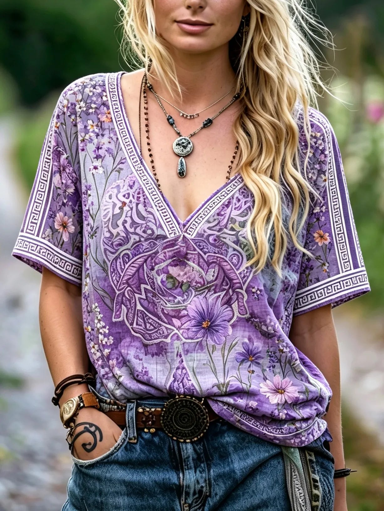 Women's Retro Floral Print V-neck Short-sleeve Cotton Linen Top