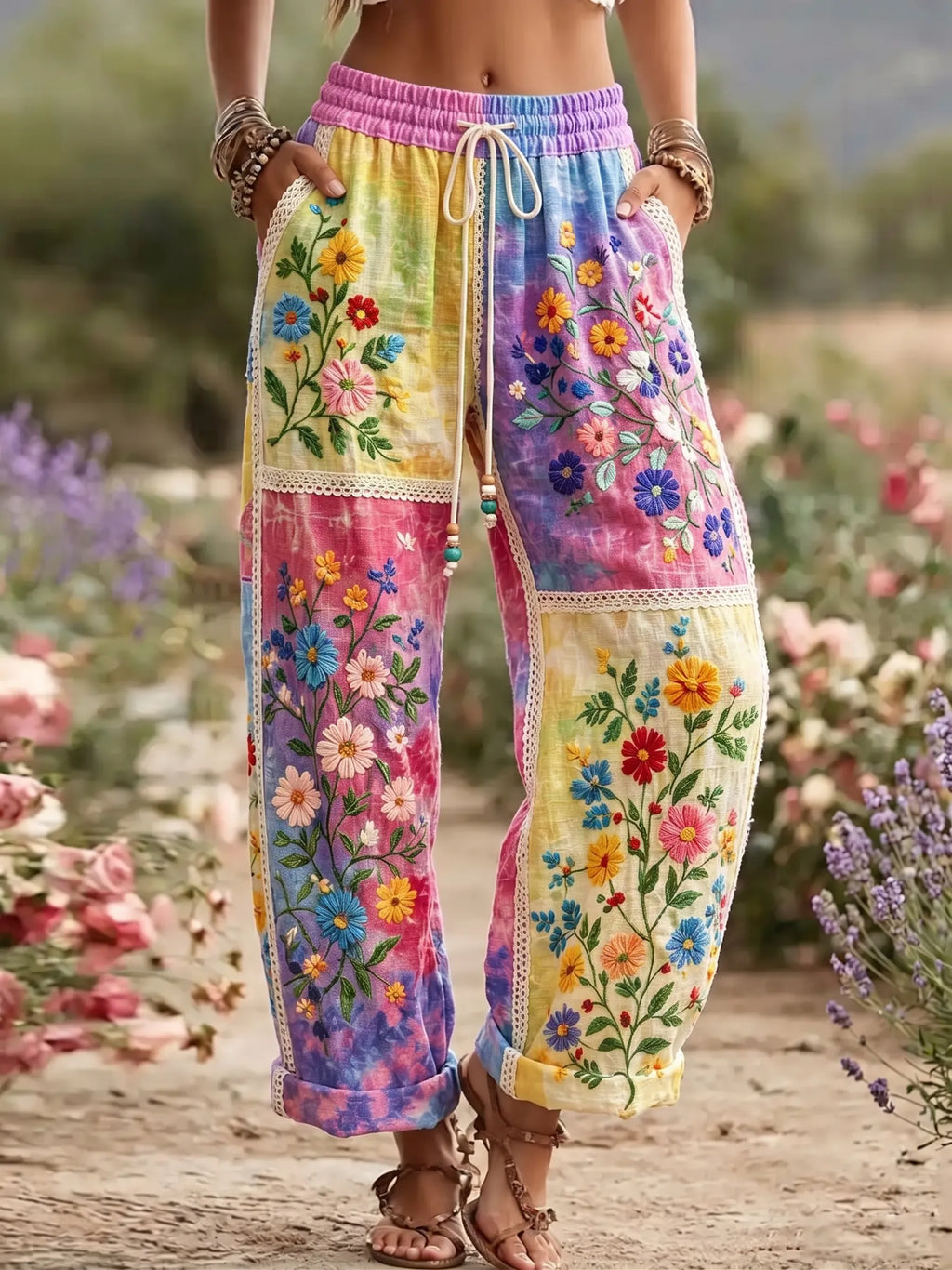 Women's Vintage Floral Art Cotton Linen Casual Pants