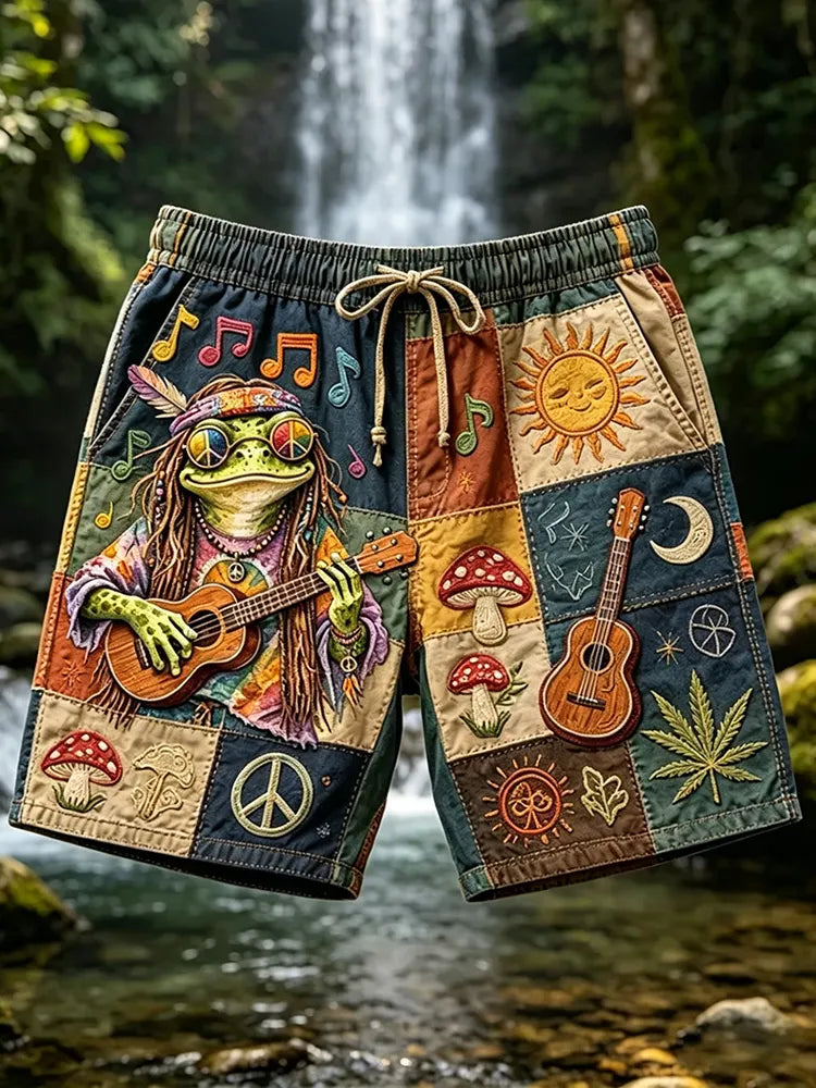Men's Hippie Frog Patchwork Music And Peace Sign Print Casual Short