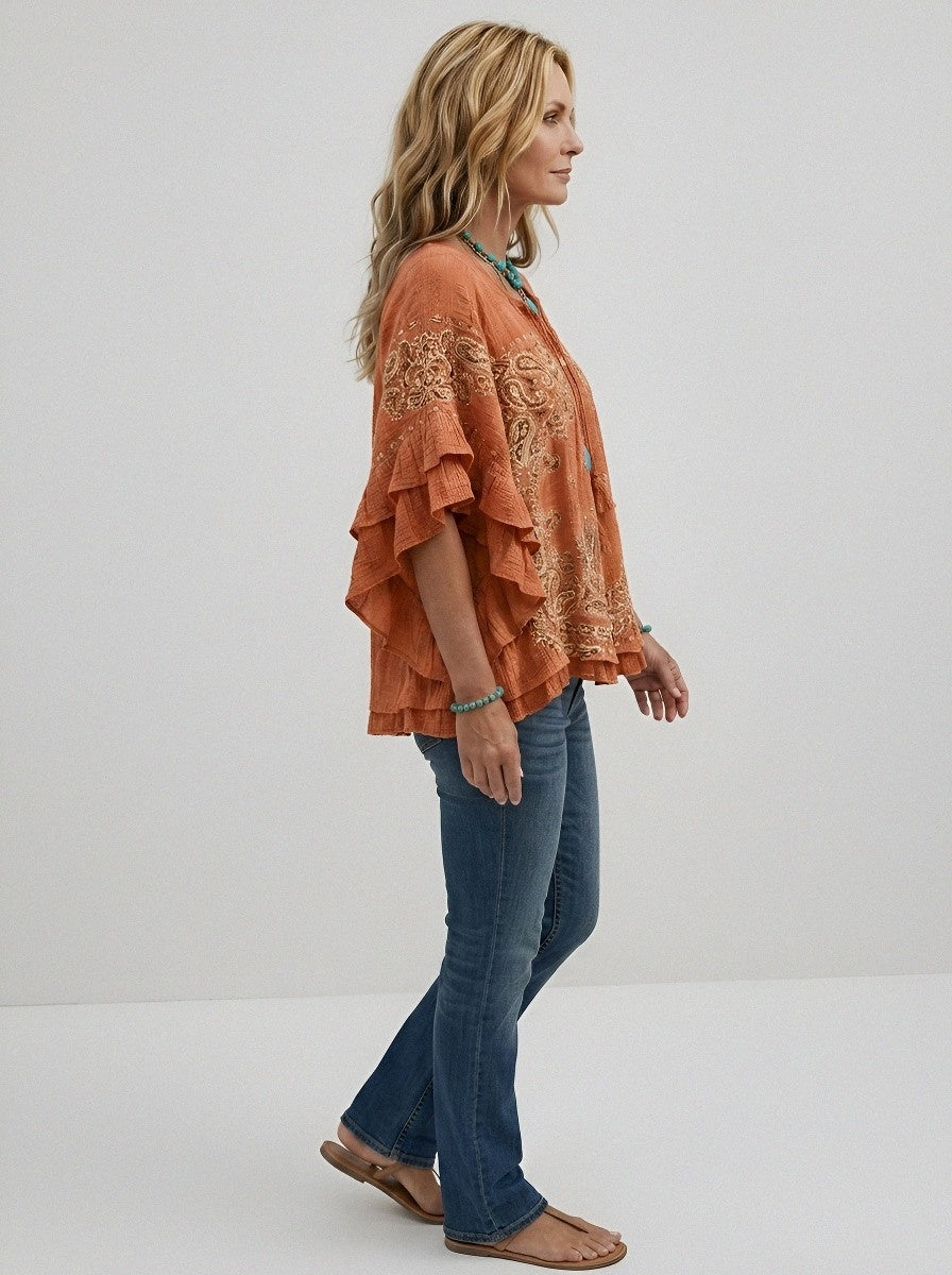 Women's Western Vintage Paisley Cactus Printed Ruffle Top