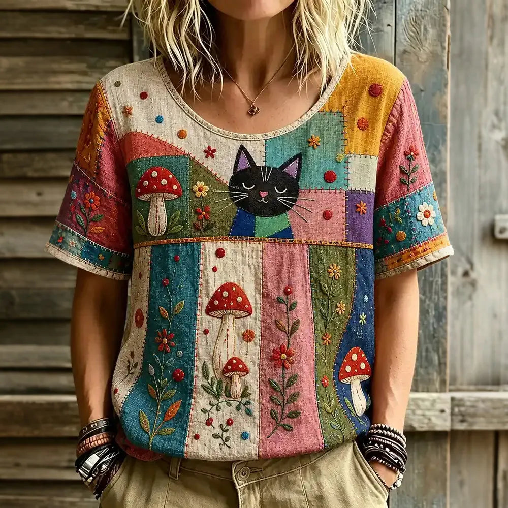 Women's Hippie Style Floral And Cat Face Embroidered Casual T-shirt