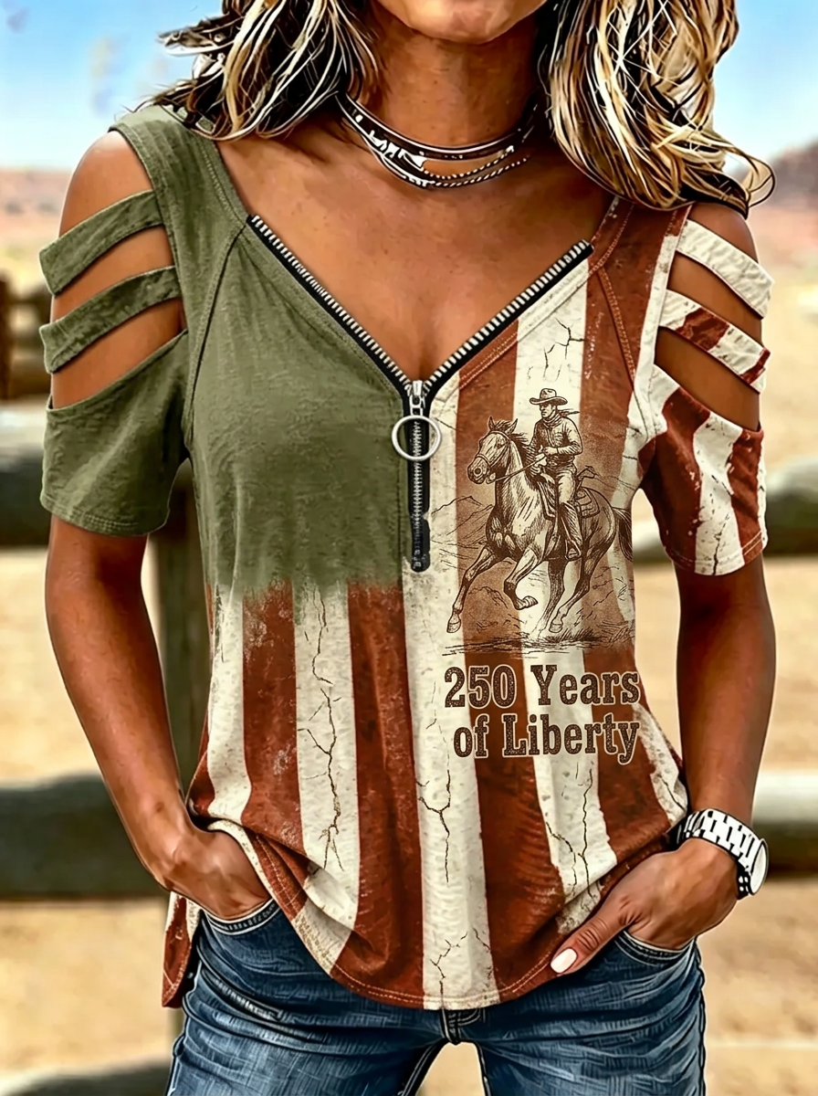 Women's Western Independence Day Cowboy Horse Printed Cold Shoulder Zip T-shirt