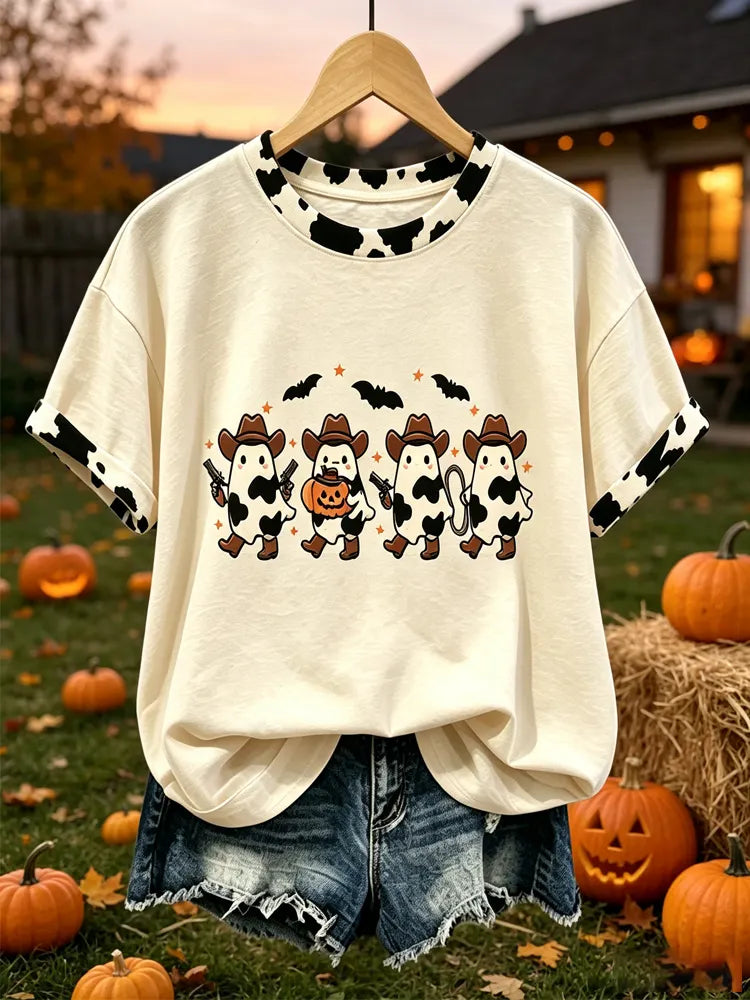 Women's Halloween Short-sleeve Top With Four Cow-print Ghost Fun Pattern