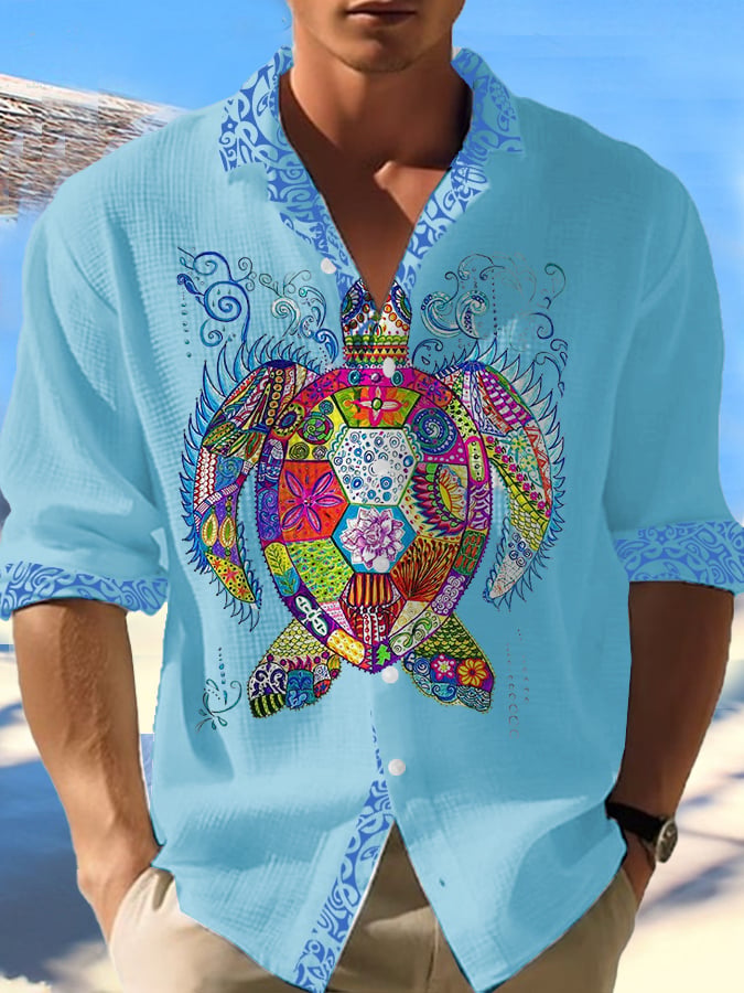 Men's Gulf Of Mexico Turtle Print Vacation Waffle Shirt