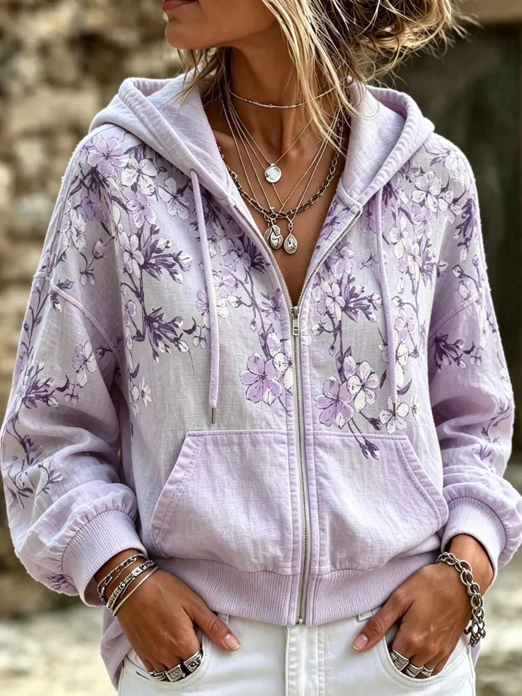 Women's Retro Floral Design Zip-up Hoodie