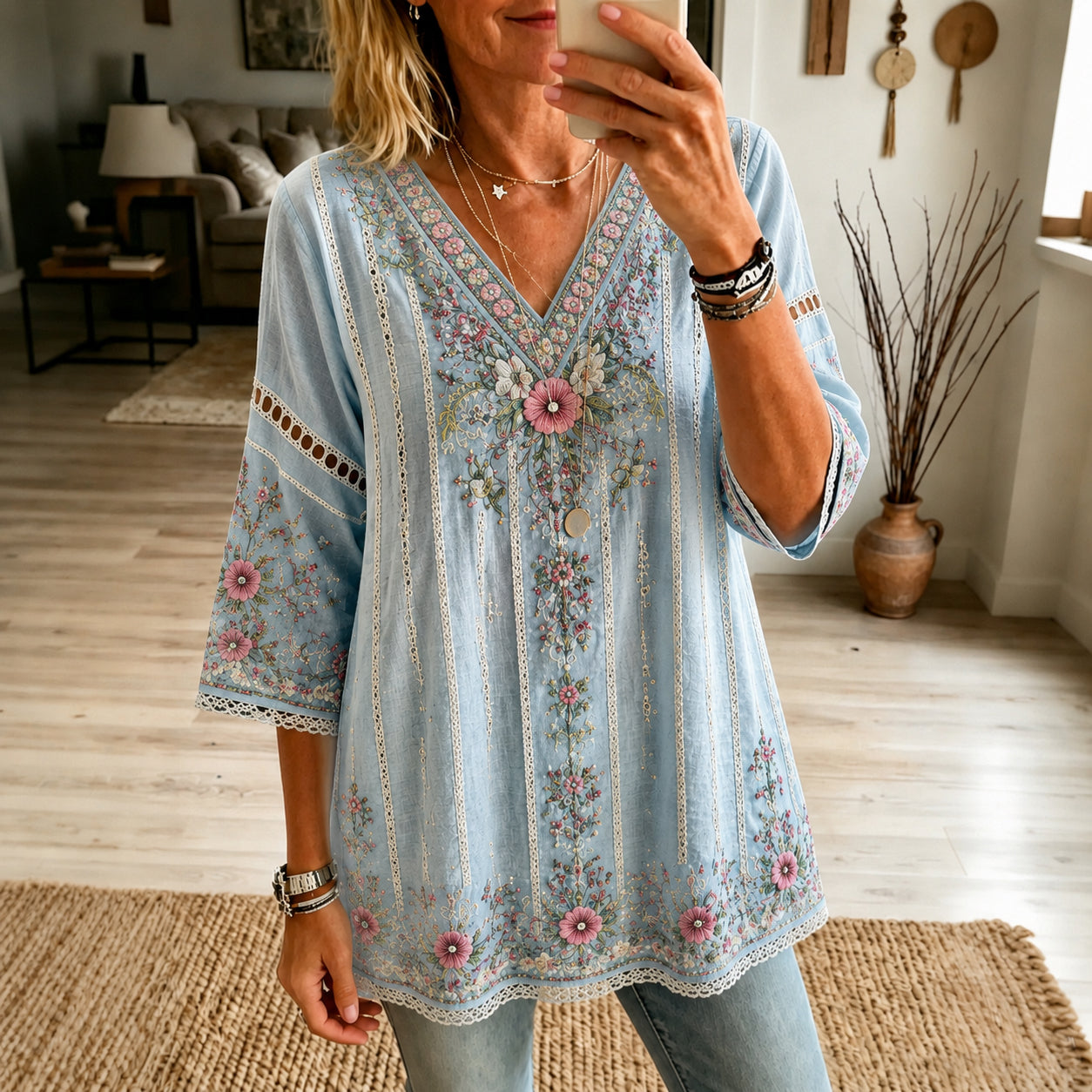 Women's Vintage Floral Embroidered Art Pattern V Neck Linen Blend T-shirt