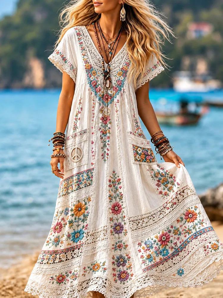 Women's Boho Hippie Floral Embroidery Art V Neck Short Sleeve Maxi Dress