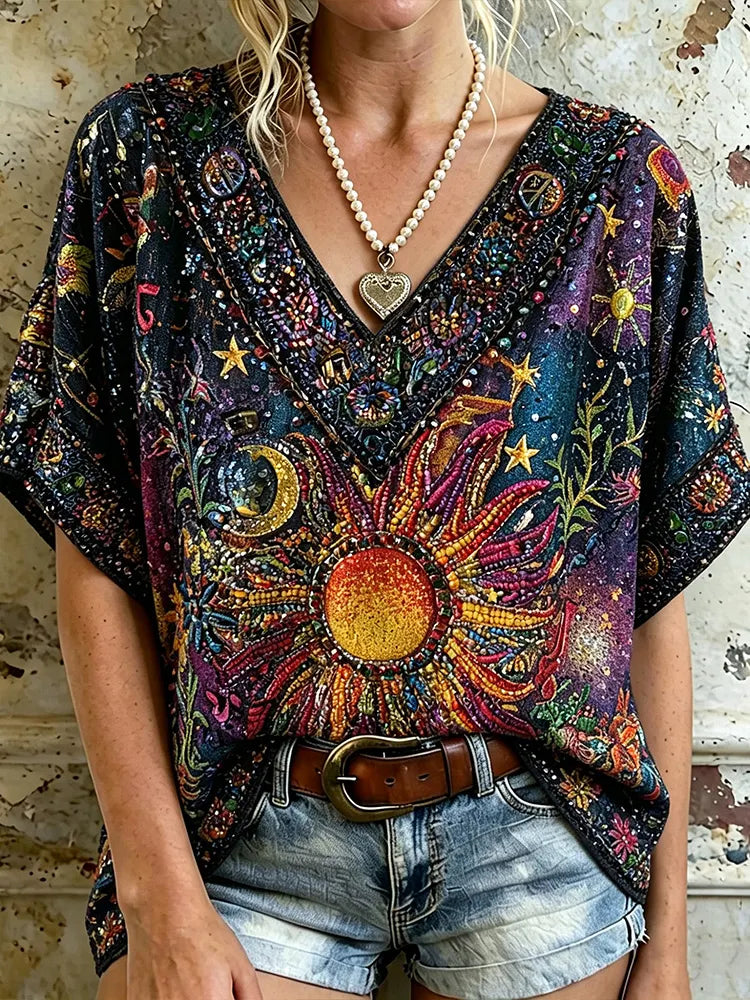 Celestial Sun Moon 3d Embroidery Sequin V‐neck Top, Vintage Hippie Boho Short‐sleeve T‐shirt