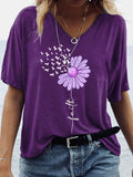 Women's Purple Ribbon Faith Sunflower Alzheimer's Awareness Print V-Neck Tee