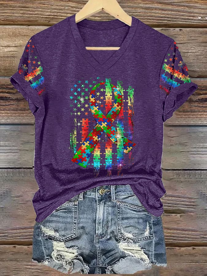 Women’s Retro Autism Awareness Colorful Puzzle Pieces Ribbon American Flag Print V-Neck T-Shirt