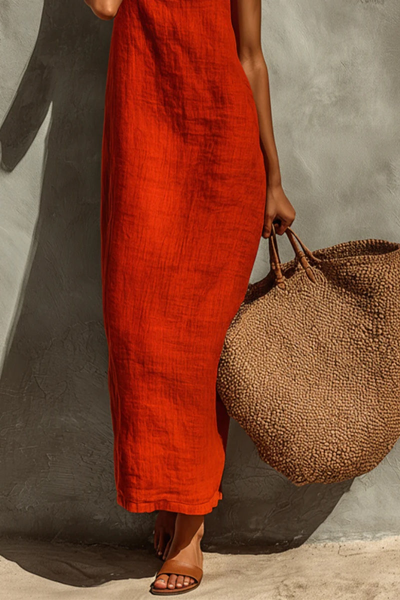 Women's Red Cotton Dress With Spaghetti Straps & Square Neck, Timeless Boho-Resort Style Dress