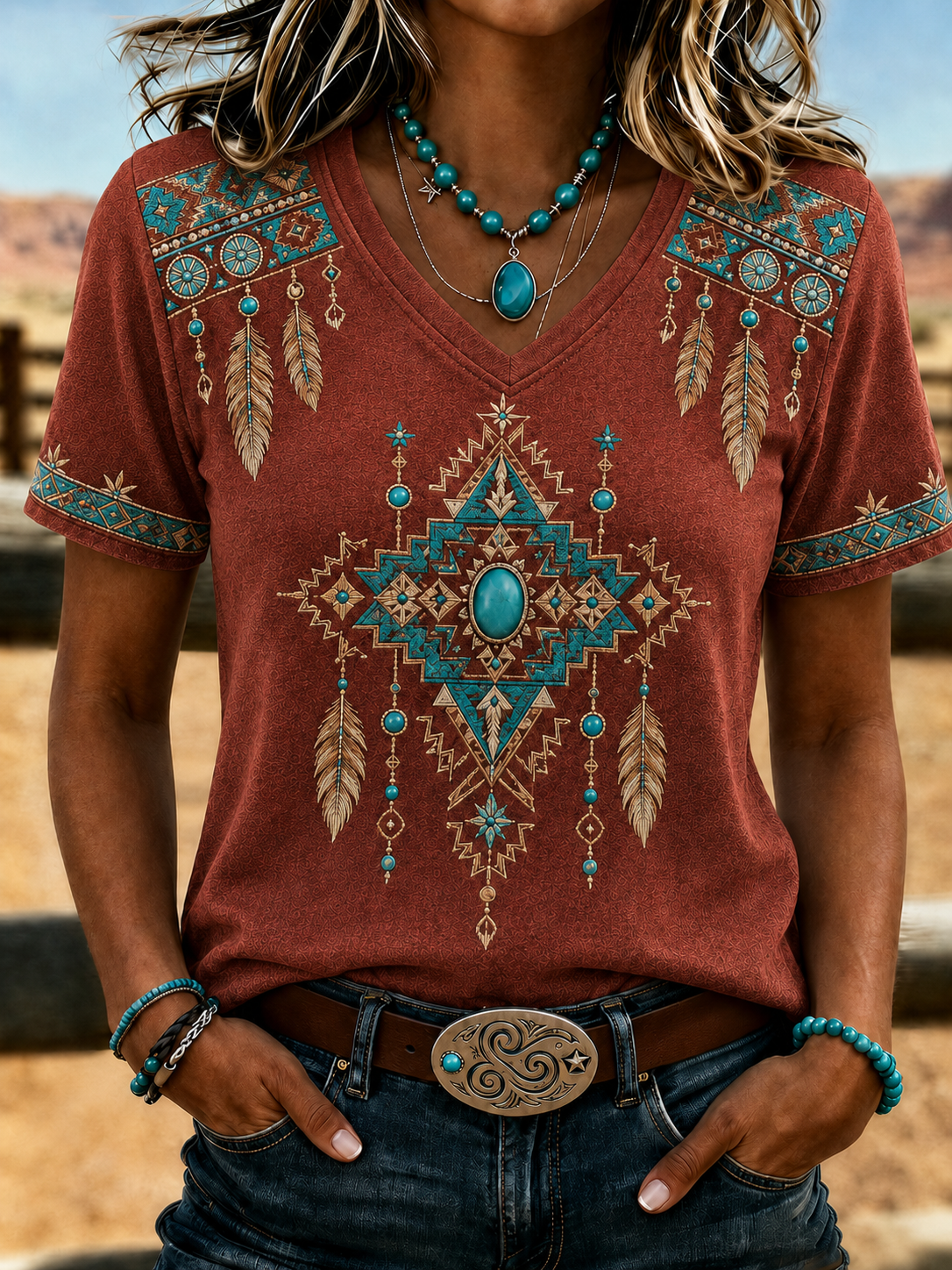 Women'S Retro Ethnic Art Printed Round Neck T-Shirt