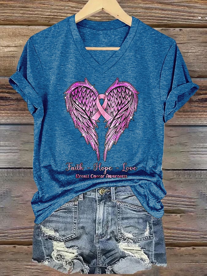 Women's Faith-Hope-Love Breast Cancer Awareness Printed Casual V-Neck T-Shirt