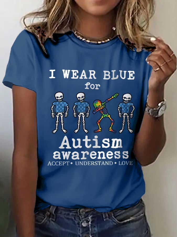 Women's Retro I Wear Blue For Autism Awareness Accept Understand Love Print T-Shirt