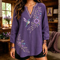 Women's Retro Flowers And Hummingbirds Alzheimer's Awareness Support Linen V-neck Shirt