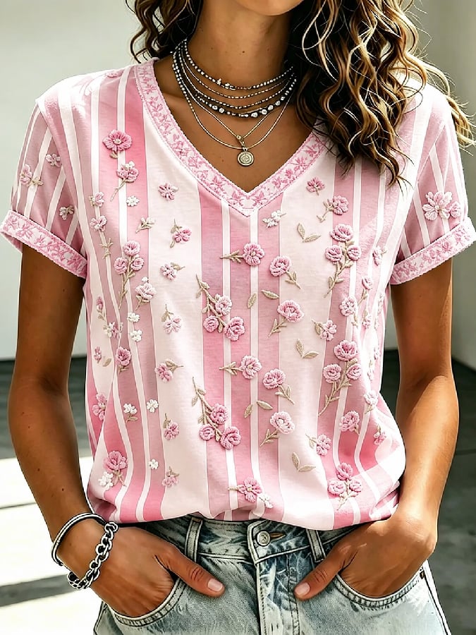 Women's Vintage Floral Breast Cancer Print Top