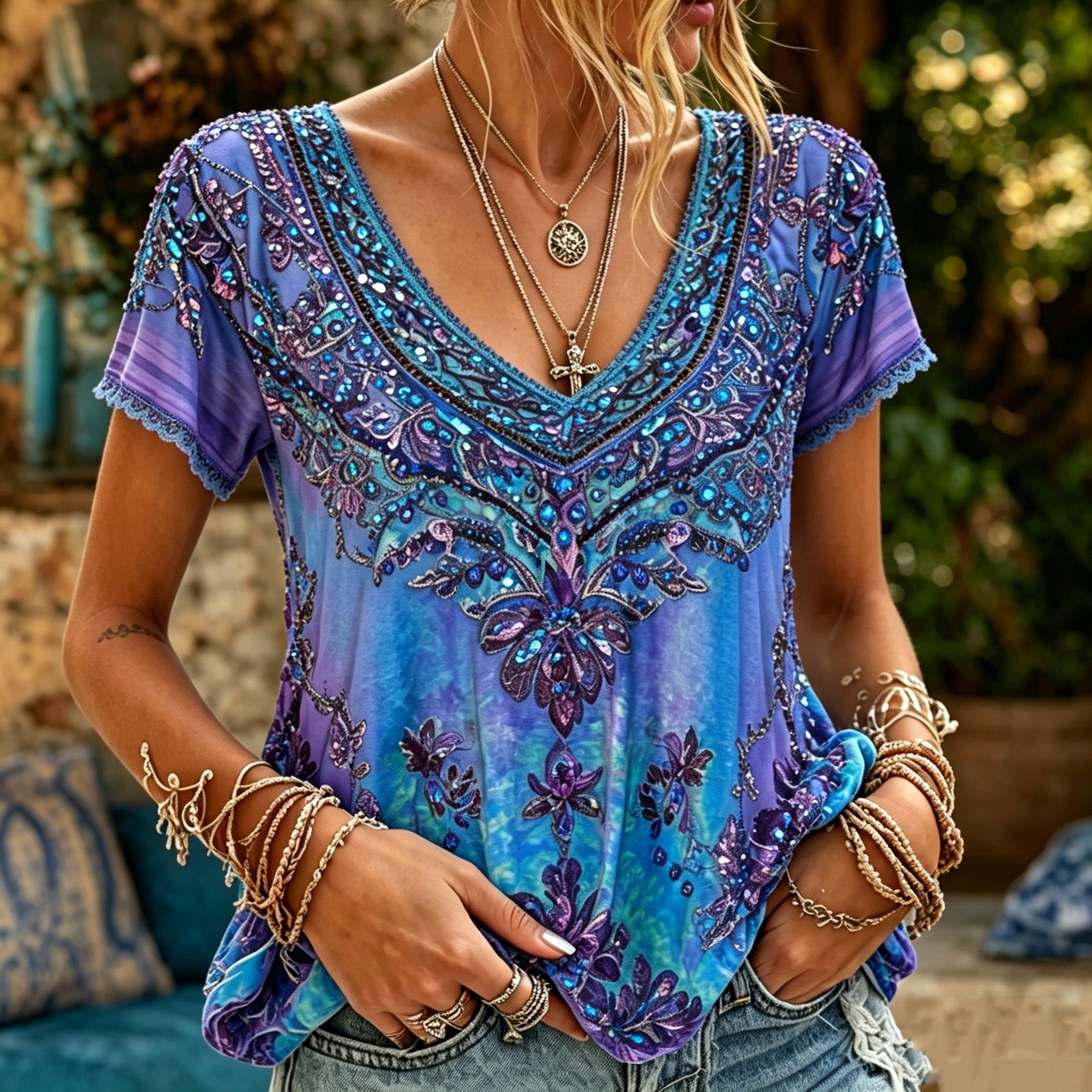 Women's Bohemian-style Floral Print V-neck Short-sleeved Top