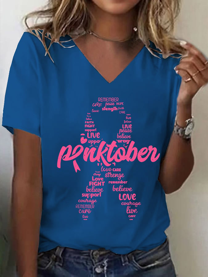 Women's Pinktotber Breast Cancer Awareness Print V Neck T-Shirt