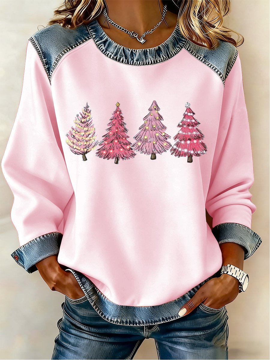 Women's Casual Retro Christmas Fleece-Lined Color-Blocked Sweatshirt