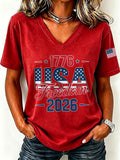 Women's Casual American Independence Day Letter V-Neck T-Shirt