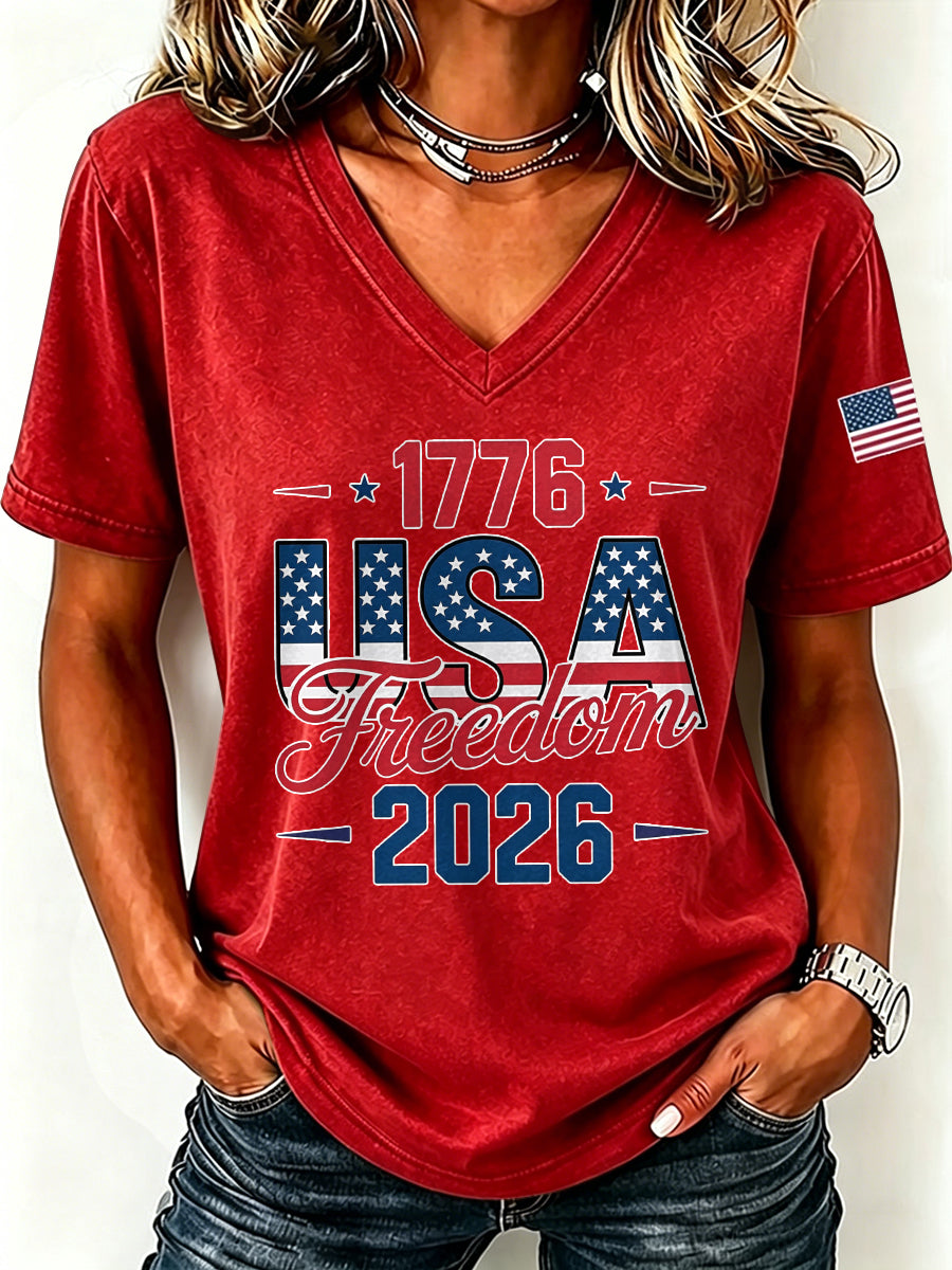 Women's Casual American Independence Day Letter V-Neck T-Shirt