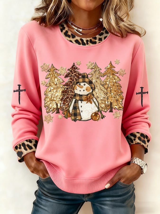 Women's Casual Leopard Print Snowman Sweatshirt