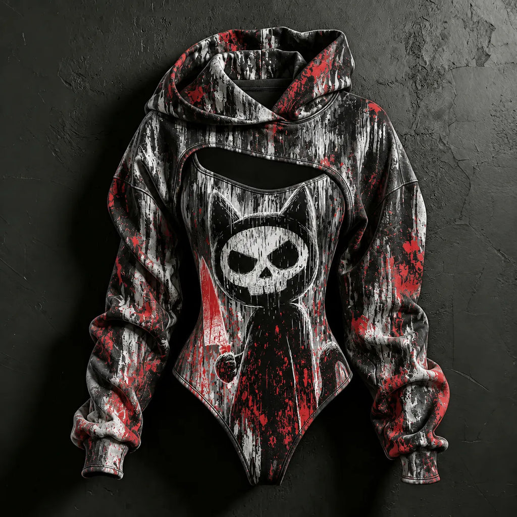 Women's Halloween Bloody Cat Skull Print Hoodie Two-piece Set