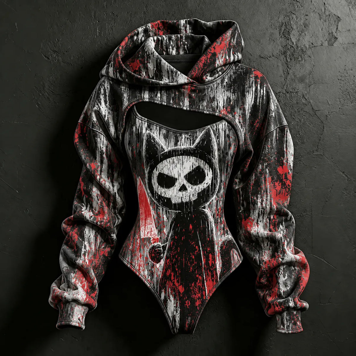 Women's Halloween Bloody Cat Skull Print Hoodie Two-piece Set