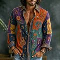 Men's Retro Hippie Floral Patchwork Art Print Long Sleeve Linen Shirt