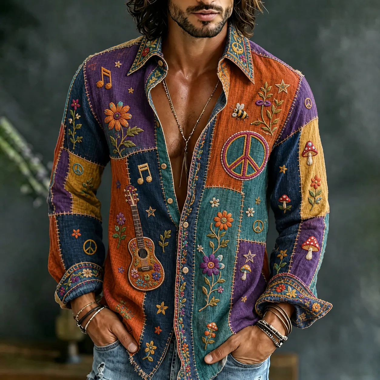 Men's Retro Hippie Floral Patchwork Art Print Long Sleeve Linen Shirt