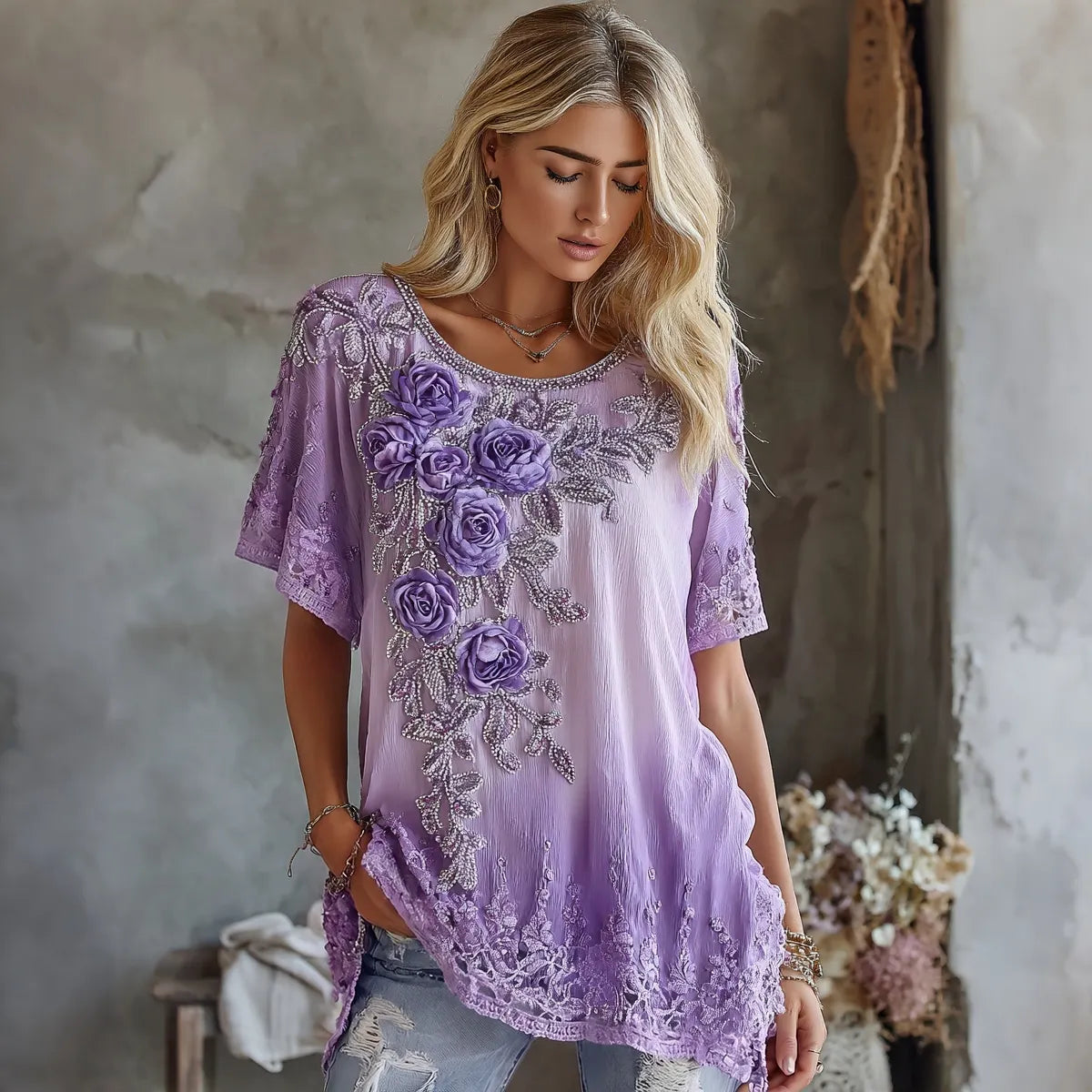 Women's Vintage Floral Art Flowy Linen Blend Casual Short Sleeve Tops