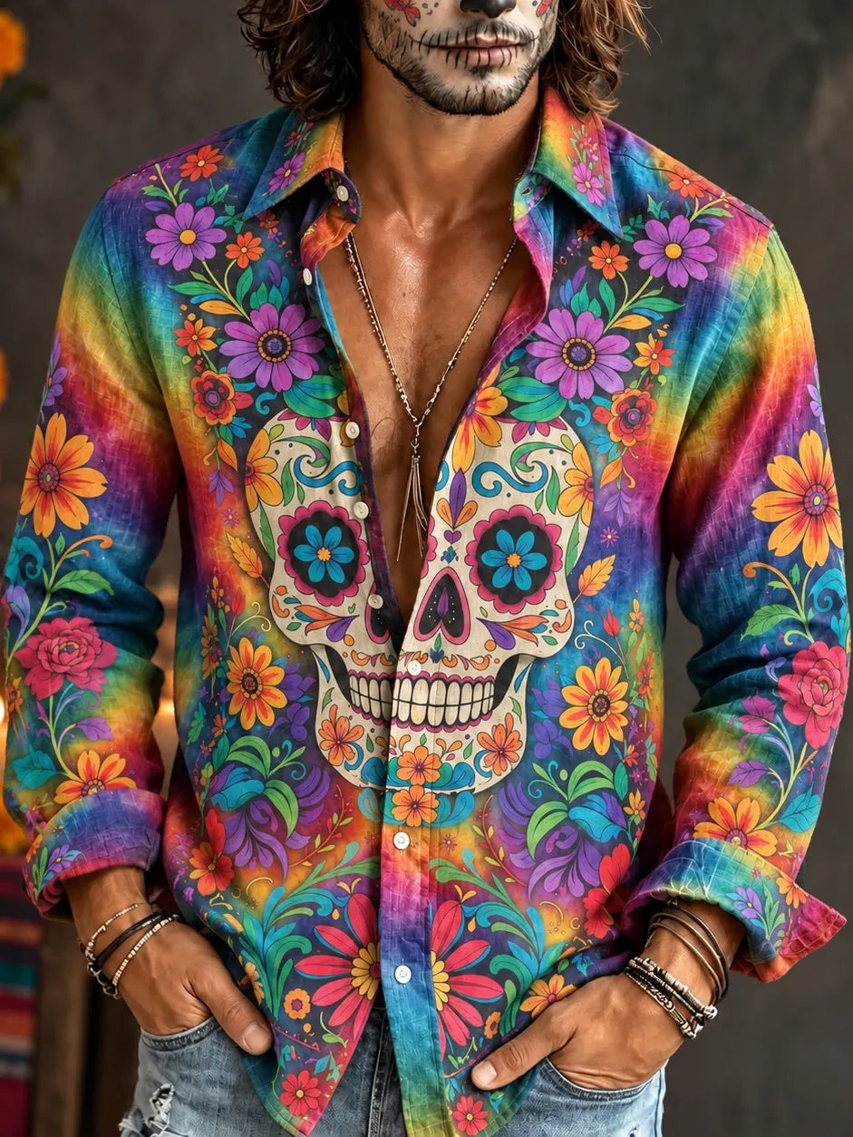 Men‘s Retro Mexico Day Of The Dead Colorful Floral Skull Printed Long-sleeved Shirt