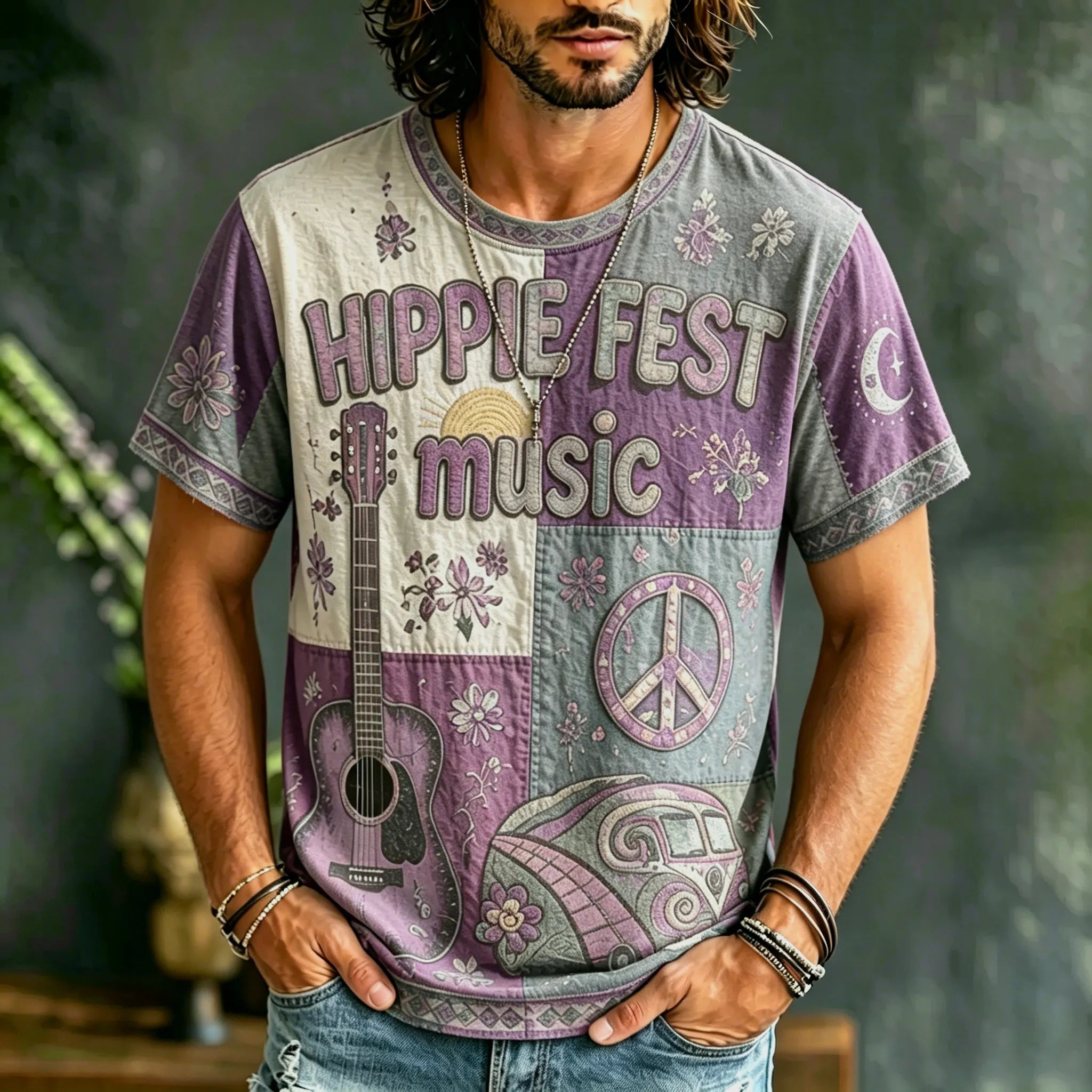 Men's Casual Color Block Music Letter Retro Hippie Crew Neck T-shirt